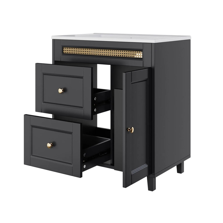 PXloue Waschbeckenunterschrank Badmöbel mit Keramikbecken in Schwarz matt, modern mit Rattan-Design, B: 76,0 cm, H: 86,5 cm, T: 39,74 cm - Bild 2