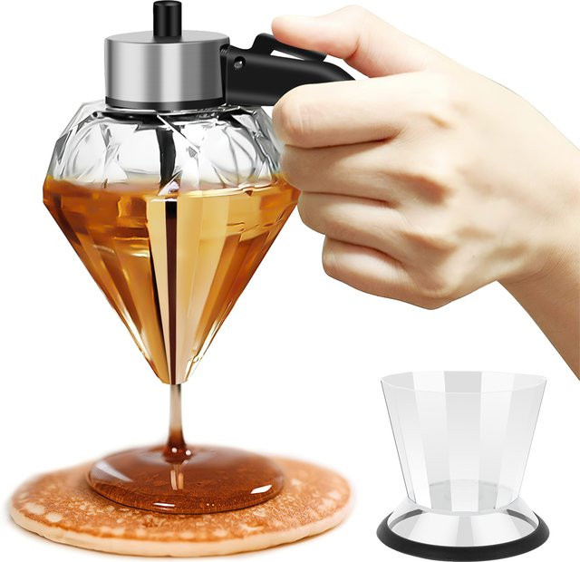 Diamantform Honigspender aus Glas und Kunststoff mit Ständer, transparentes Honigglas und Ölflasche für Essig oder Sauce, 200 ml - Bild 1