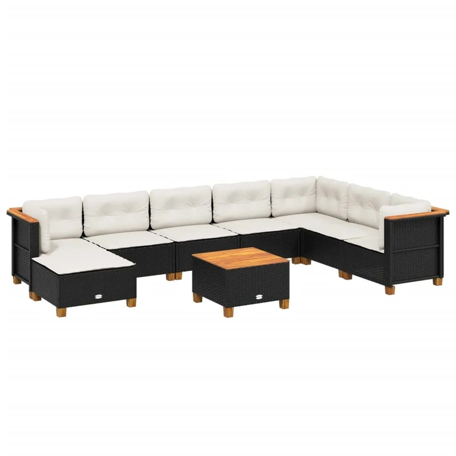 vidaXL 9-tlg Garten-Sofagarnitur in L-Form aus Polyrattan und Akazienholz mit Kissen, Schwarz und Cremeweiß - Bild 2