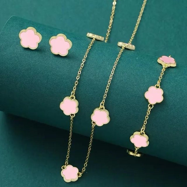 Schmuck-Set Kleeblatt, Messing, Gold, Damen, 50cm - Bild 1