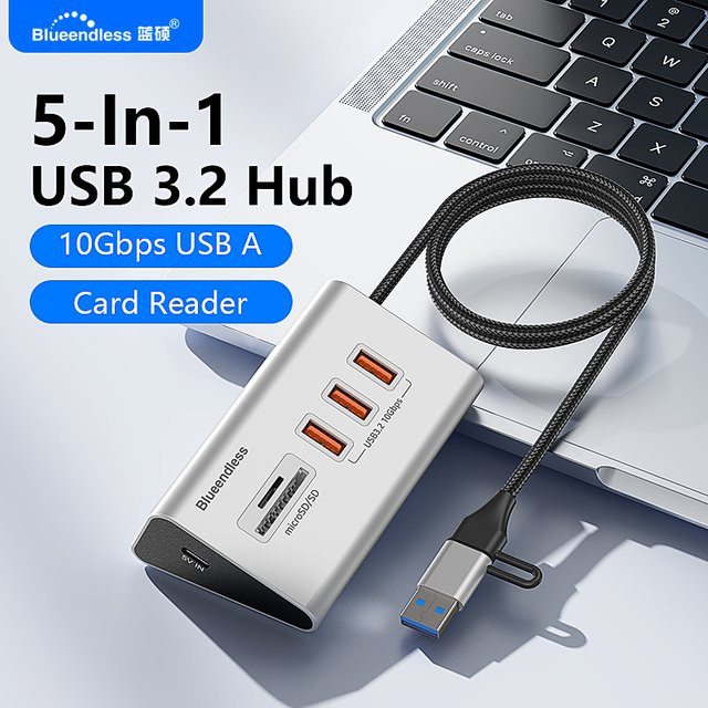 Blueendless 4-in-1 USB 3.2 Gen2 10Gbps Aluminium USB-C und USB-A Hub mit 5 Ports sowie TF-SD-Kartenleser in Silber für PC, Laptop und MacBook - Bild 1