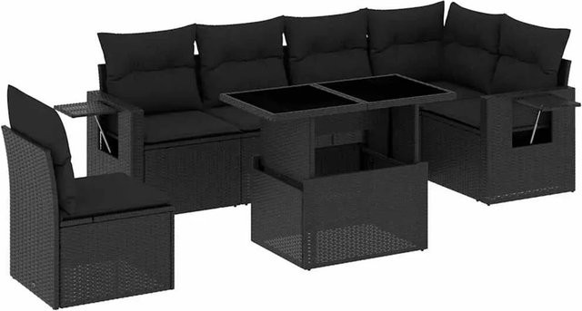 vidaXL 7-teilige Garten-Sofagarnitur in L-Form aus schwarzem Poly-Rattan mit Kissen und pulverbeschichtetem Stahlgestell - Bild 1