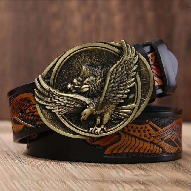 Gfohuo Gürtel, Leder, Adler Totem, Kupfer Schnalle, Herren, 125cm, black - Bild 1