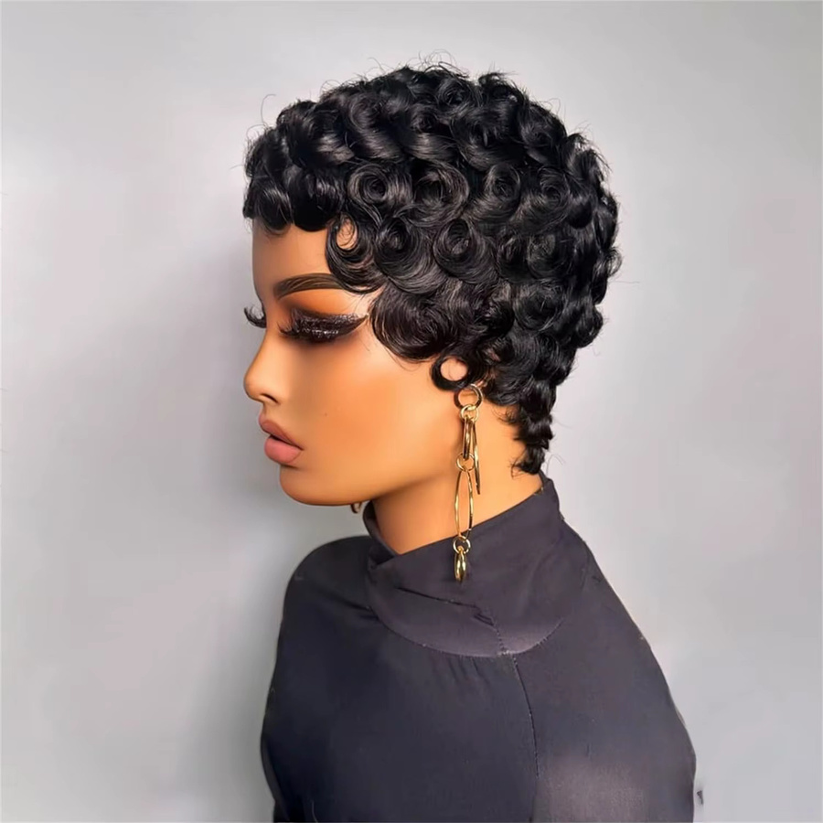 UVEOUS Pixie-Cut-Perücke, Echthaar, kurz, lockig, schwarz, Damen - Bild 2