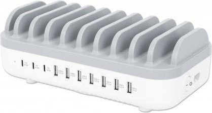 Manhattan 10-Port USB-Ladestation mit 120W Gesamtleistung, 3x USB-C PD und 7x USB-A, Weiß/Anthrazit - Bild 1