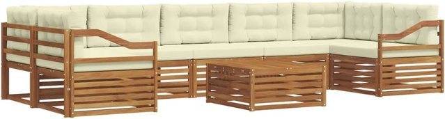 vidaXL Outdoor-Sofagarnitur 8-teilig in L-Form aus massivem Akazienholz mit Kissen in Natur und Creme - Bild 1