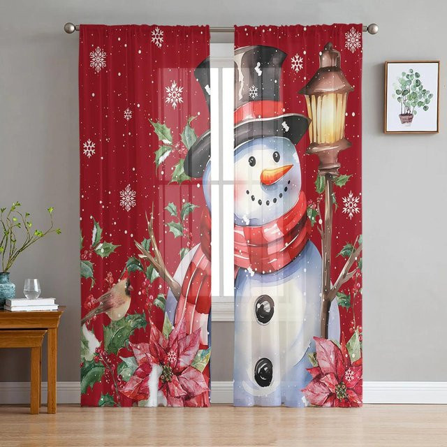 Yiran Furniture Weihnachts Vorhang mit Schneemann und Schneeflocken, Transparentes Tüll-Voile in Rot, B: 135 cm, H: 115 cm - Bild 1