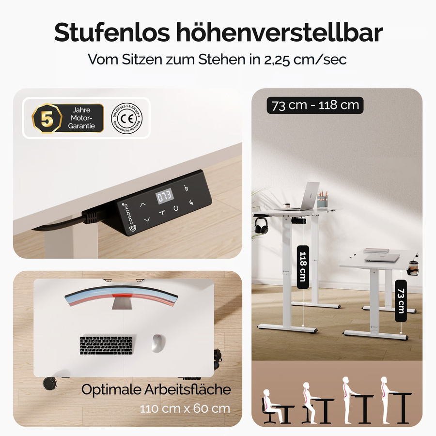 Casaria Elektrischer höhenverstellbarer Schreibtisch Weiß B/T/H: 110 x 60 x 73-118 cm - Bild 2