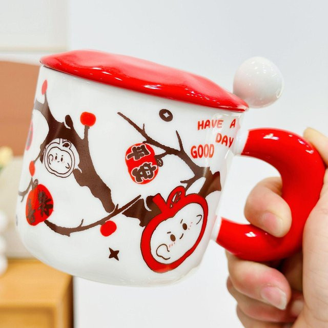 Yiran Furniture Weihnachtsapfel-Keramiktasse mit Deckel in Rot, 480 ml - Bild 1