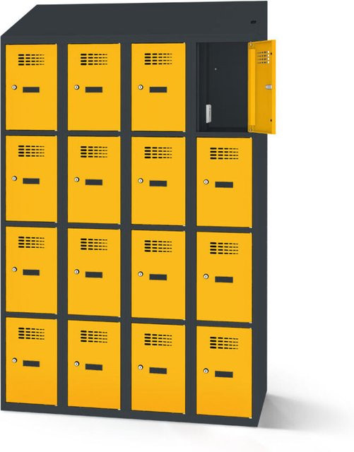 rotstahl Fächerschrank mit 16 Fächern und Ladefunktion, Farbe Gelb mit anthrazitgrauem Korpus, B: 120 cm, H: 200 cm - Bild 1