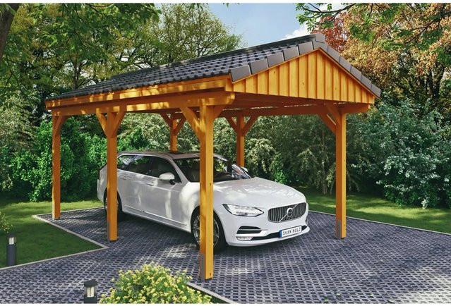Skan Holz Carport Fichtelberg aus Fichte Leimholz in Beige mit spitzer Dachform, B/T: 317 x 566 cm, Höhe: 303 cm - Bild 1