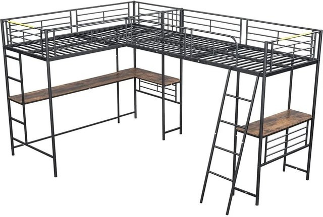 KOMHTOM Hochbett für Kinder mit Tisch und Doppeltreppe, Metall, Schwarz, B/T/H: 90 x 200 x 170 cm - Bild 1