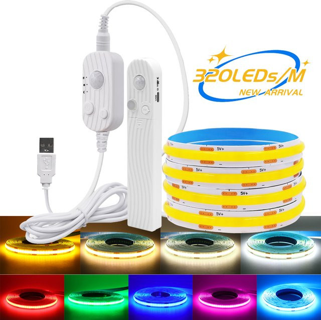 XUNATA COB-LED-Streifen mit Bewegungsmelder, USB- und batteriebetrieben, 5 V, Blau, 2,4 m Länge, flexibles Klebeband für Küchenschrank, TV-Hintergrundbeleuchtung und Spiegel - Bild 1