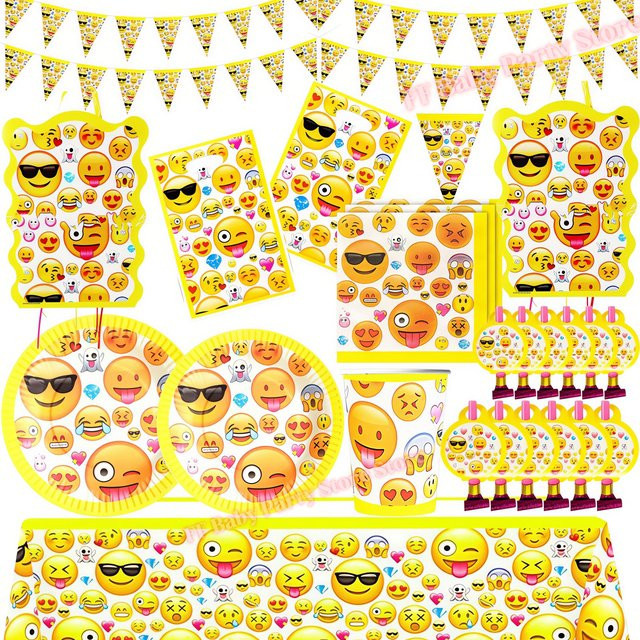 Potdemiel Einweggeschirr-Set Emoji Smile in Gelb mit Tellern, Bechern und Servietten für Kindergeburtstag und Partydekoration - Bild 1