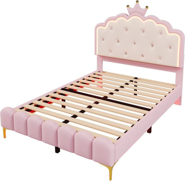 okwish Polsterbett in Kronenform für das Kinderzimmer mit LED-Unterbettbeleuchtung und Fernbedienung, Farbe: Rosa, B/T/H: 140 x 200 x 129 cm - Bild 1