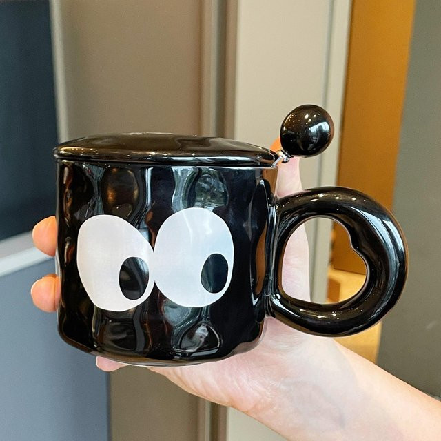 Yiran bag Keramikbecher mit Deckel für Erwachsene, Set aus zwei Tassen in Schwarz und Weiß, 301-400 ml - Bild 1