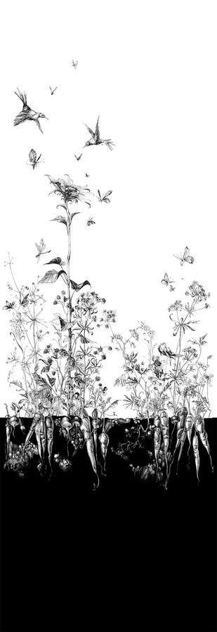 Edmond Petit Tapete Tournesol gauche in Weiß und Schwarz mit floralem Design - Bild 1