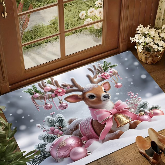 VIKAMA Bodenmatte Weihnachten Rosa mit süßem Elch Cartoon für den Eingangsbereich - Bild 1