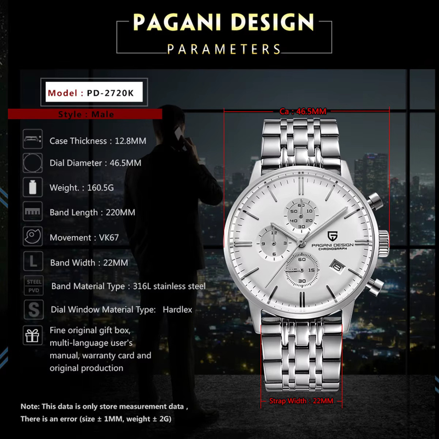 PAGANI DESIGN Chronograph, Quarz, Edelstahl, Leder, Herren - Bild 2