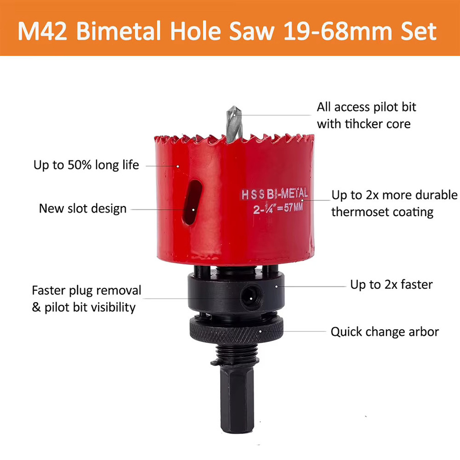 Podofo 19-teiliges M42 Bi-Metall Lochsägen-Set in Rot mit 11 Sägeblättern, 2 Schaftstücken und 3 Bohrern für Aluminium, Holz und PVC - Bild 6