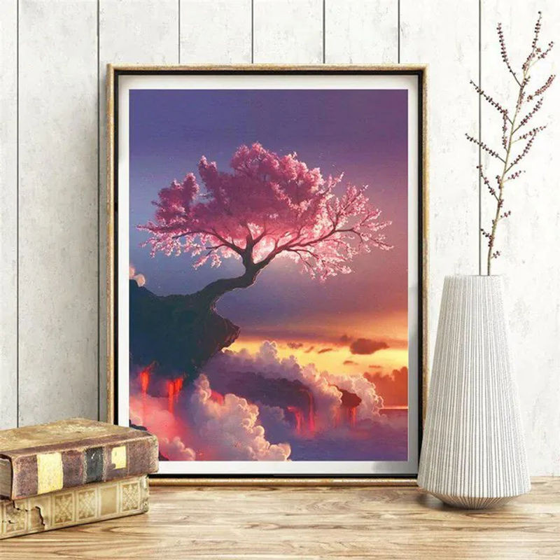 FIYO Diamond Painting Set Sakura Baum und Vulkan als DIY Kreuzstich Mosaik mit Strass in Mehrfarbig, B/H: 20 x 30 cm - Bild 1