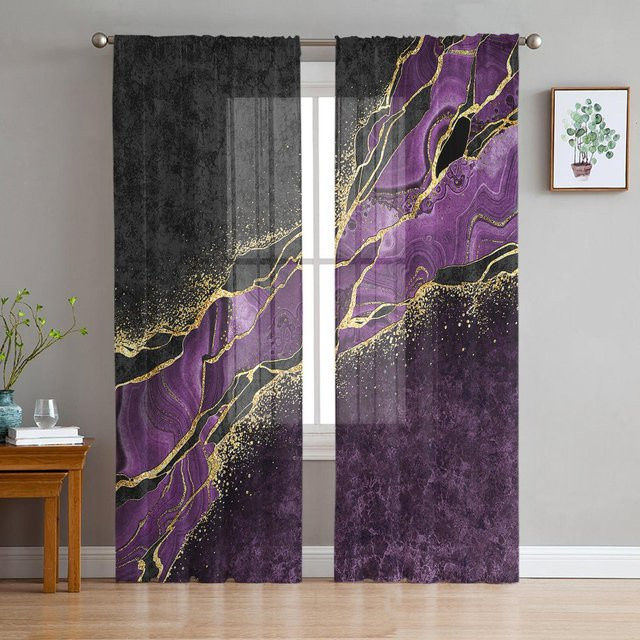 Transparente Tüll-Voile-Vorhänge mit abstraktem Schwarz-Marmor- und Lila-Malachit-Design von Household supplies MH, Farbe: Grau, Breite: 135 cm, Höhe: 115 cm - Bild 1