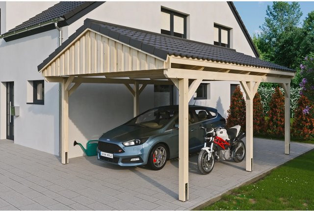 Skan Holz Carport Fichtelberg aus Fichte Leimholz in Beige mit spitzer Dachform, B/T: 423 x 566 cm, Höhe: 326 cm - Bild 1