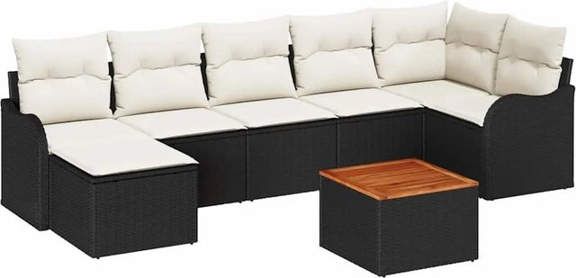 vidaXL Garten-Sofa-Set 8-teilig in Schwarz und Weiß mit L-Form, Polsterung und Stauraum aus Polyrattan und Akazienholz - Bild 1