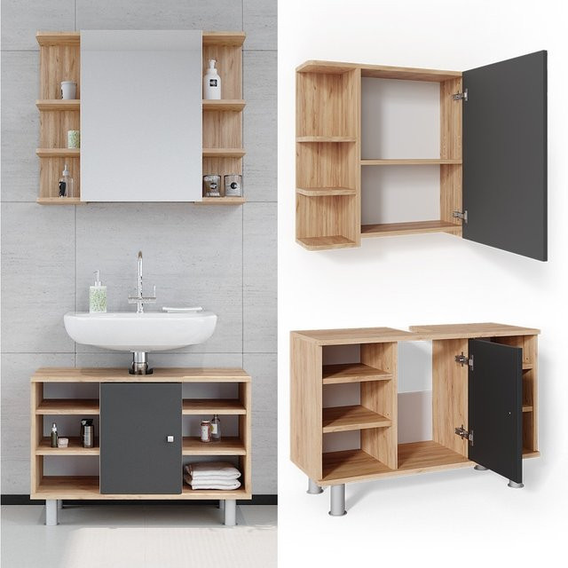 Vicco Badmöbel Set Fynn Spiegelschrank und Waschbeckenunterschrank in Eiche und Anthrazit - Bild 1