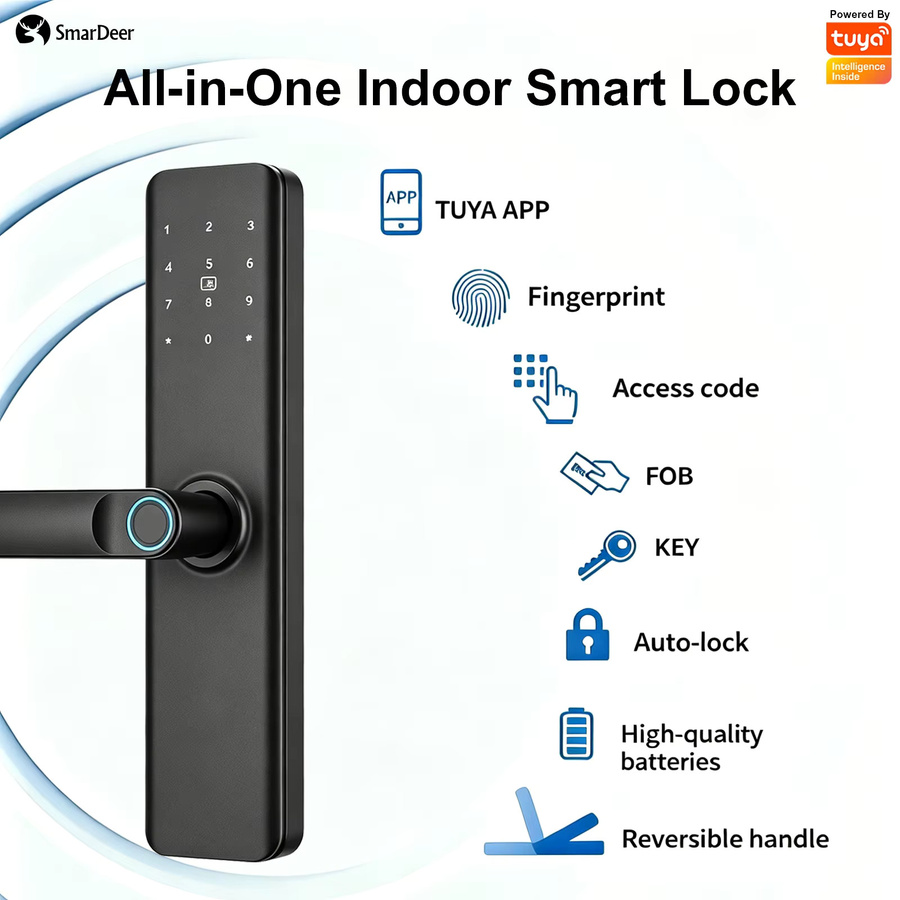 SmarDeer 5-in-1 Intelligentes Türschloss in Schwarz mit Tuya WIFI und Fingerabdrucksensor für schlüssellosen Zugang - Bild 2