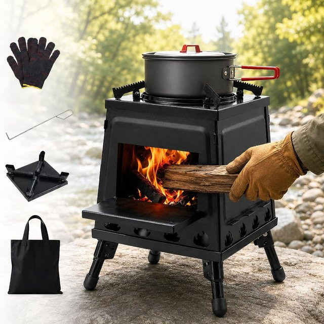 HGTUGO Campingofen aus Gusseisen, faltbarer Holzbefeuerter Campingkocher in Schwarz mit verstellbarem Topfhalter und Tragetasche, B/T/H: 35,0 x 22,0 x 35,0 cm - Bild 1
