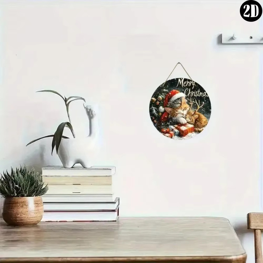 HELLOYOUNG Merry Christmas Weihnachtsschild mit Katzen- und Rentiermuster, rund, mehrfarbig - Bild 5