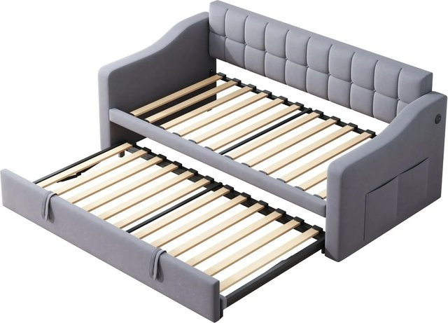 Merax Schlafsofa aus Samt mit USB-Anschluss und Aufbewahrungstaschen in Grau, B/T/H: 90 x 190 x 103 cm - Bild 1