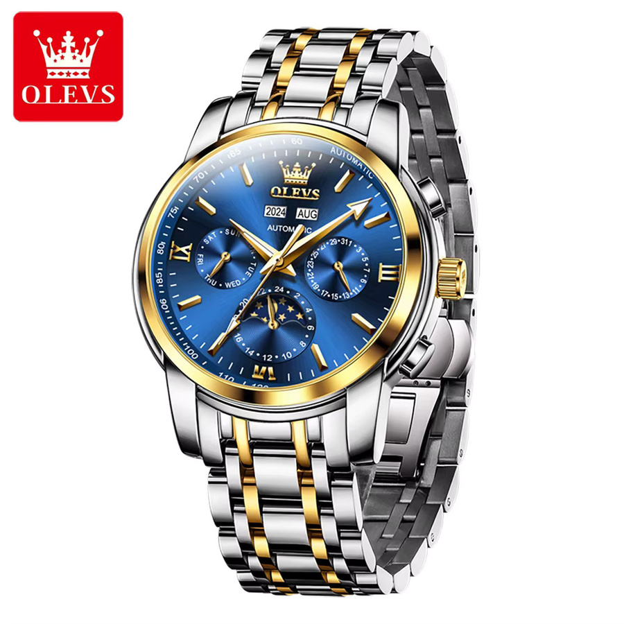 OLEVS Armbanduhr Automatik, Edelstahl, Blau, Herren, Mondphasen, Doppelkalender - Bild 5