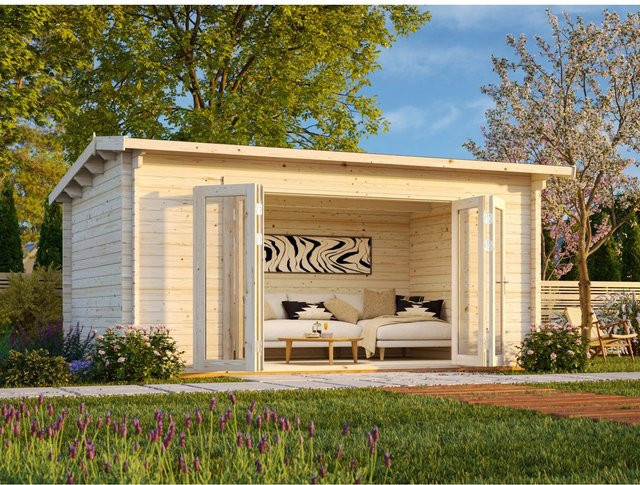 Palmako Ines Blockbohlenhaus aus Fichtenholz mit Satteldach in Braun, B/H/T: 480 x 249 x 300 cm - Bild 1