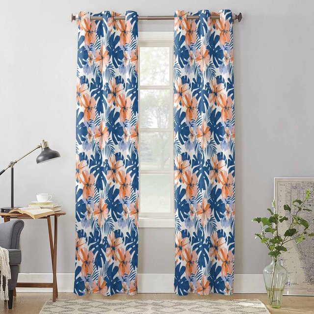 Super Six Fenster Vorhang mit tropischem Blätter- und Blumenmuster in Grau, semi-transparent, B: 135 cm, H: 60 cm - Bild 1
