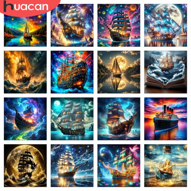 HUACAN 5D Diamant-Malerei Segelboot-Landschaft Mosaik Meeresfantasie DIY Kunstset, B/H: 30 x 30 cm, Mehrfarbig - Bild 1