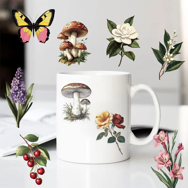 50 Stück wasserfeste Schmetterlings-Aufkleber mit bunten Blumen- und Pilz-Motiven für Laptop, Schreibwaren und Scrapbooking in Multicolour - Bild 2