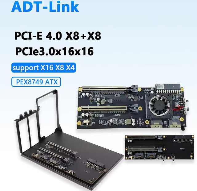 ADT-Link Dual-Slot-Grafikkartenhalter mit Durchgangsplatte 4.0 X8, Erweiterungskarte PEX8749 PCIe 3.0 X16 SlimSAS ATX, Schwarz - Bild 1