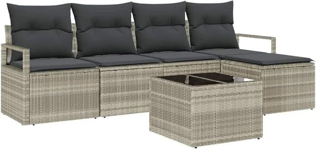 vidaXL Garten-Sofa-Set 6-teilig aus Polyrattan in Hellgrau mit Polsterkissen und Tisch - Bild 1