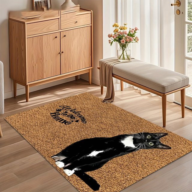 Waschbarer Kunstfell-Teppich im Home-Tuxedo-Cat-Design, rutschfest und rechteckig, Farbe: Braun - Bild 1