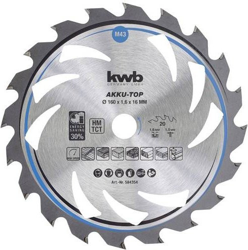 Kwb Hartmetall Kreissägeblatt für Holz und Kunststoff, Farbe: Silber, Durchmesser: 160 mm, Bohrung: 16 mm, Dicke: 1 mm, 20 Zähne - Bild 1