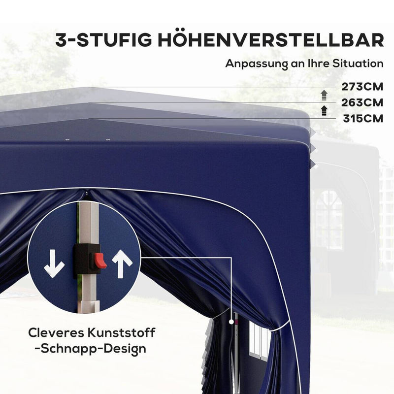 Outsunny Pop Up Gartenpavillon Dunkelblau mit 4 Seitenteilen, faltbarer Pavillon mit UPF 50+ und Tragetasche, B/T/H: 300 x 300 x 230 cm - Bild 7