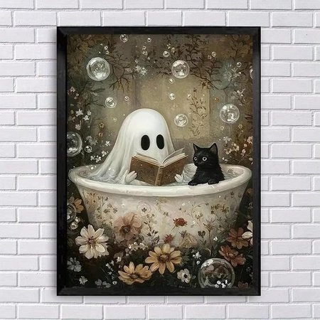 Leibert Art Decoration Painting Halloween-Leinwandposter mit Geist und schwarzer Katze, Mehrfarbig, Breite: 21 cm, Höhe: 30 cm