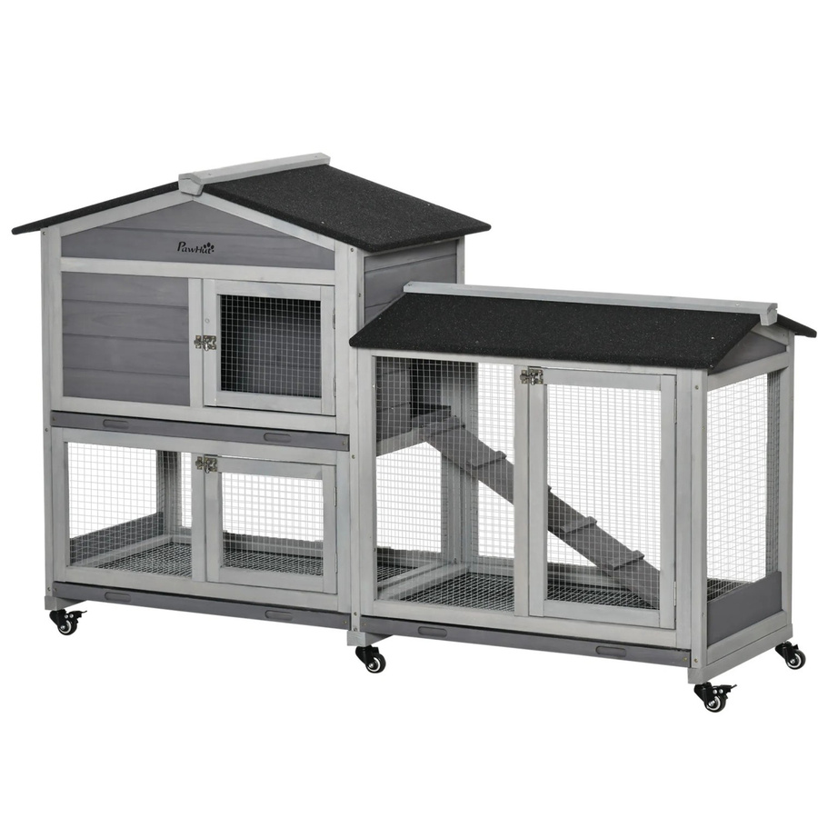 PawHut Kleintierstall mit Rollen und Asphaltdach aus Stahl und Holz in Grau, B/T/H: 157,4 x 53 x 99,5 cm - Bild 2