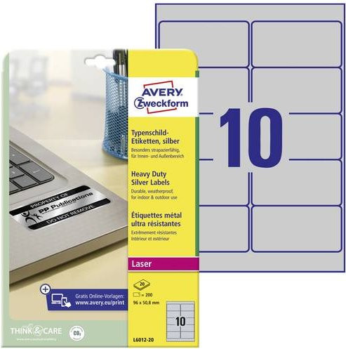 Avery Zweckform Typenschild-Etiketten L6012-20, Silber, Polyesterfolie, B/H: 96 x 50,8 mm, 200 Stück - Bild 1