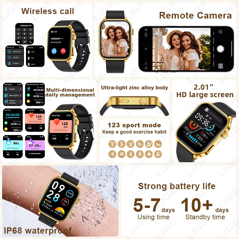 LIGE Smartwatch Gold mit Herzfrequenzmonitor und IP68 Wasserdichtigkeit für Damen und Herren - Bild 6