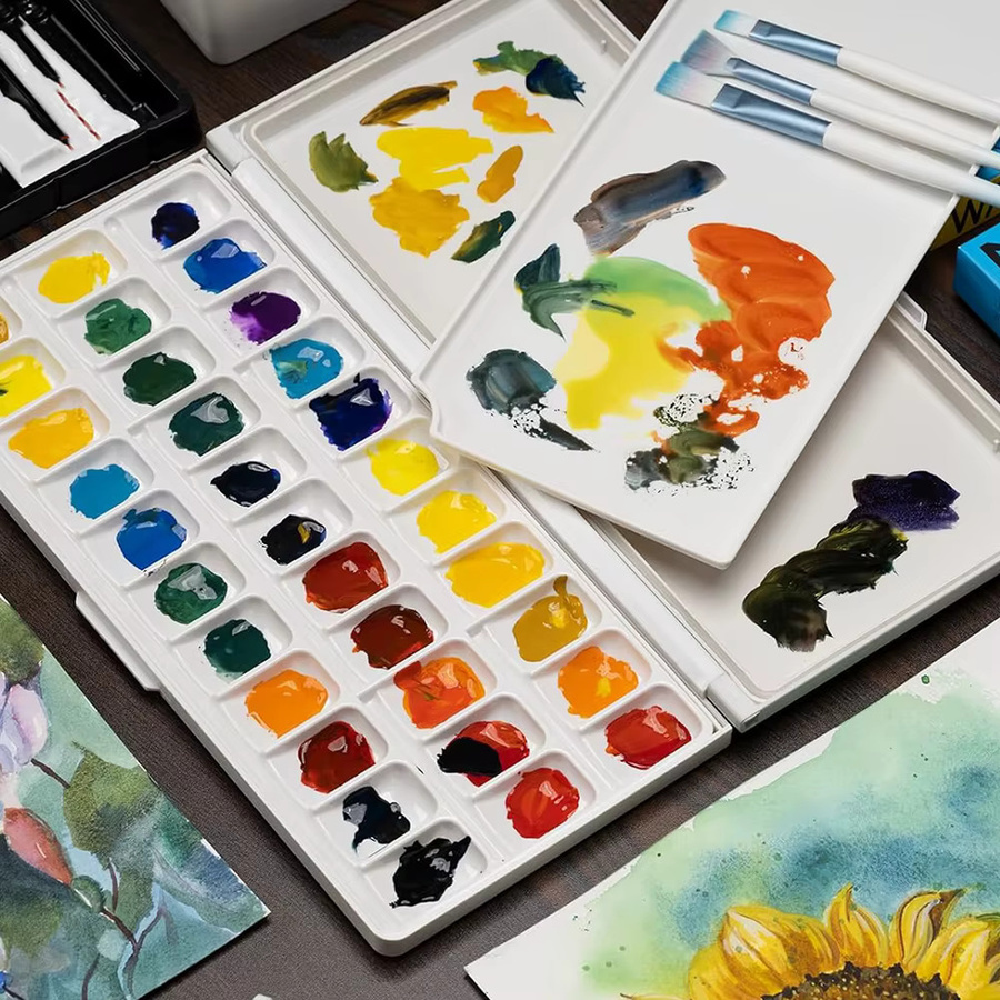 Luftdichte Aquarellpalette aus Kunststoff mit Deckel und großem Mischtablett in Blau und Weiß - Bild 4