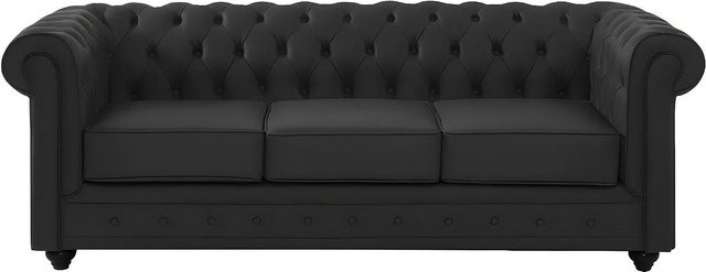 Vente-unique Chesterfield Sofa aus schwarzem Büffelleder ohne Schlafmöglichkeit, Breite: 205 cm - Bild 1