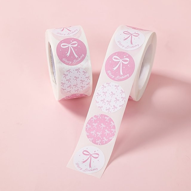 500 Stück Geburtstagsparty-Aufkleber in Rosa und Weiß mit elegantem Schleifen-Design und Happy Birthday-Schriftzug für deine Geschenkverpackungen und dein Scrapbooking - Bild 1